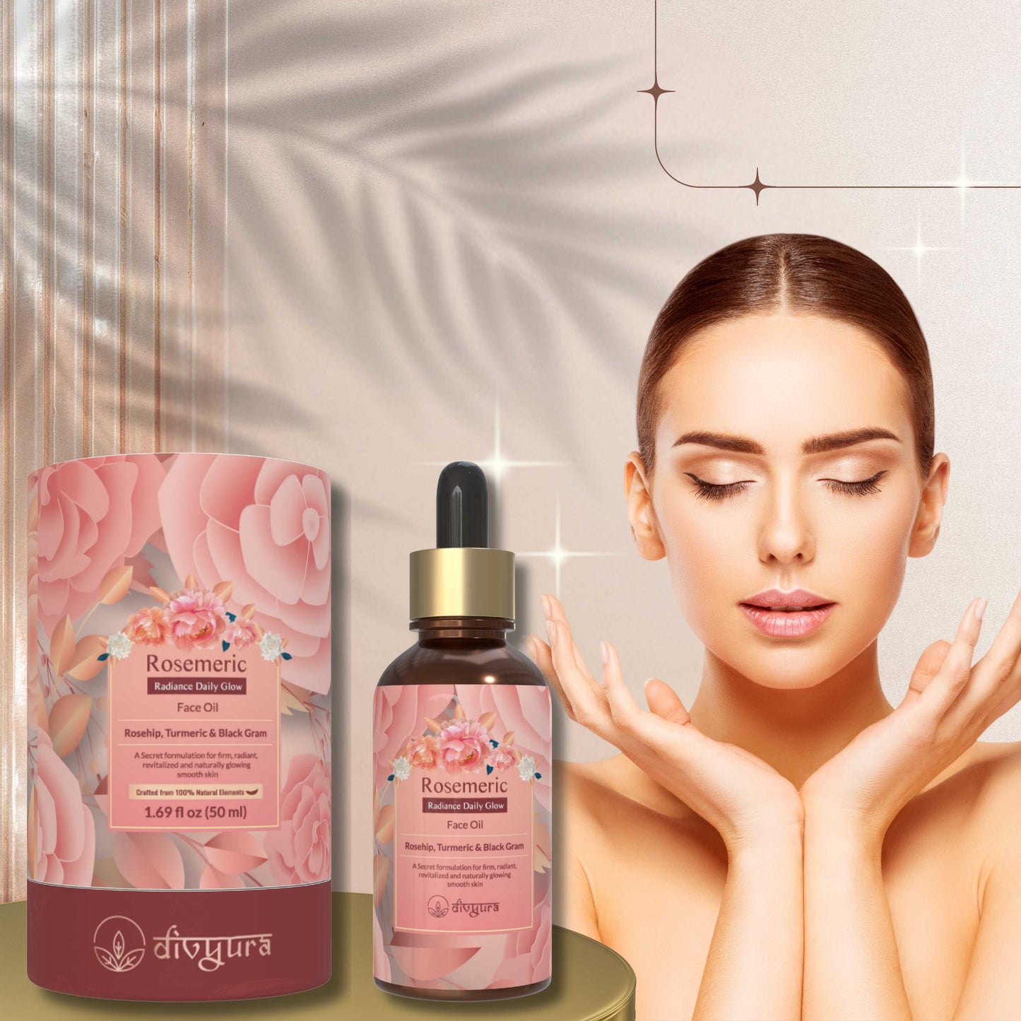 Rosemeric Face Oil bottle and container with a female model face