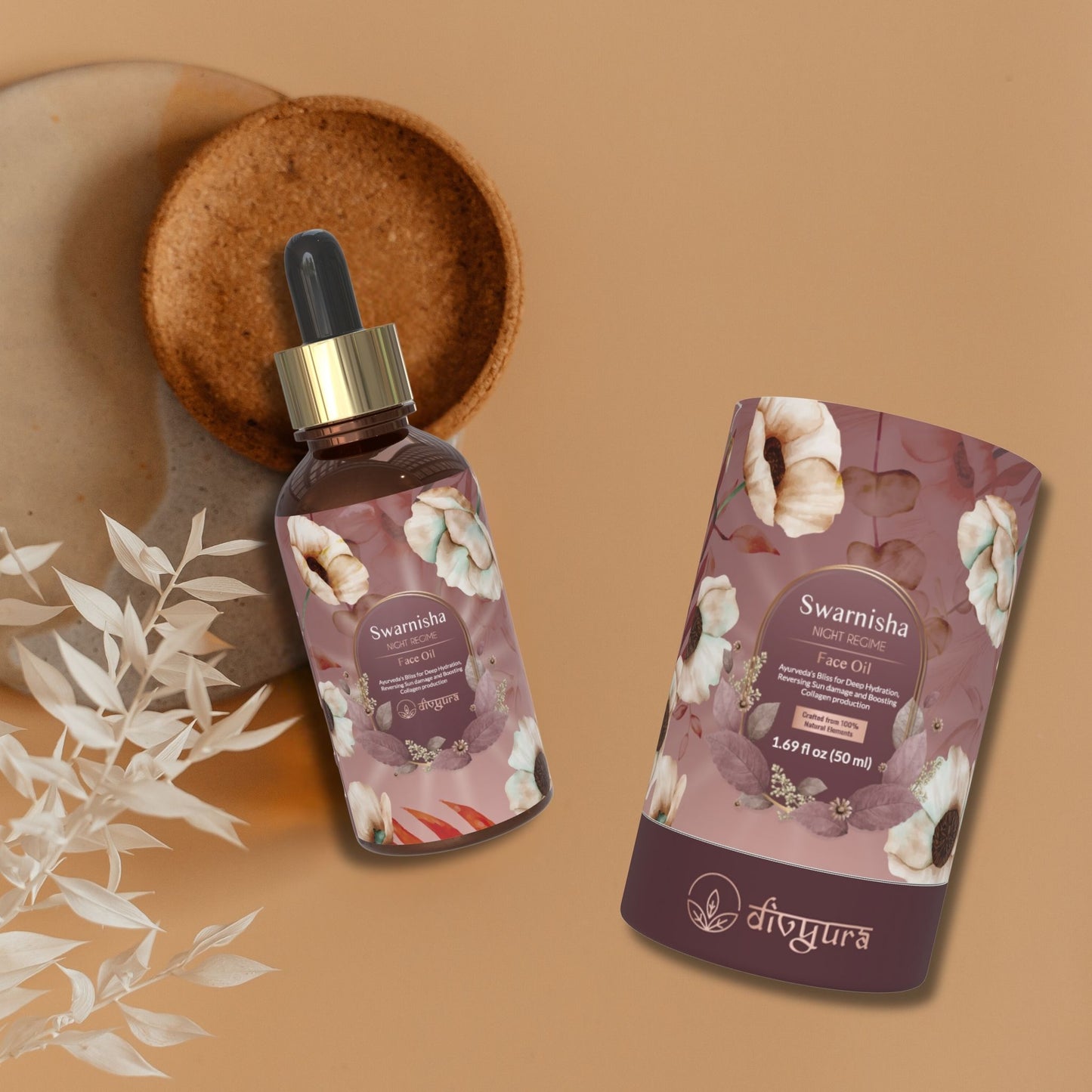 Swarnisha Night Regime Face Oil bottle displayed on a slab with it's box.