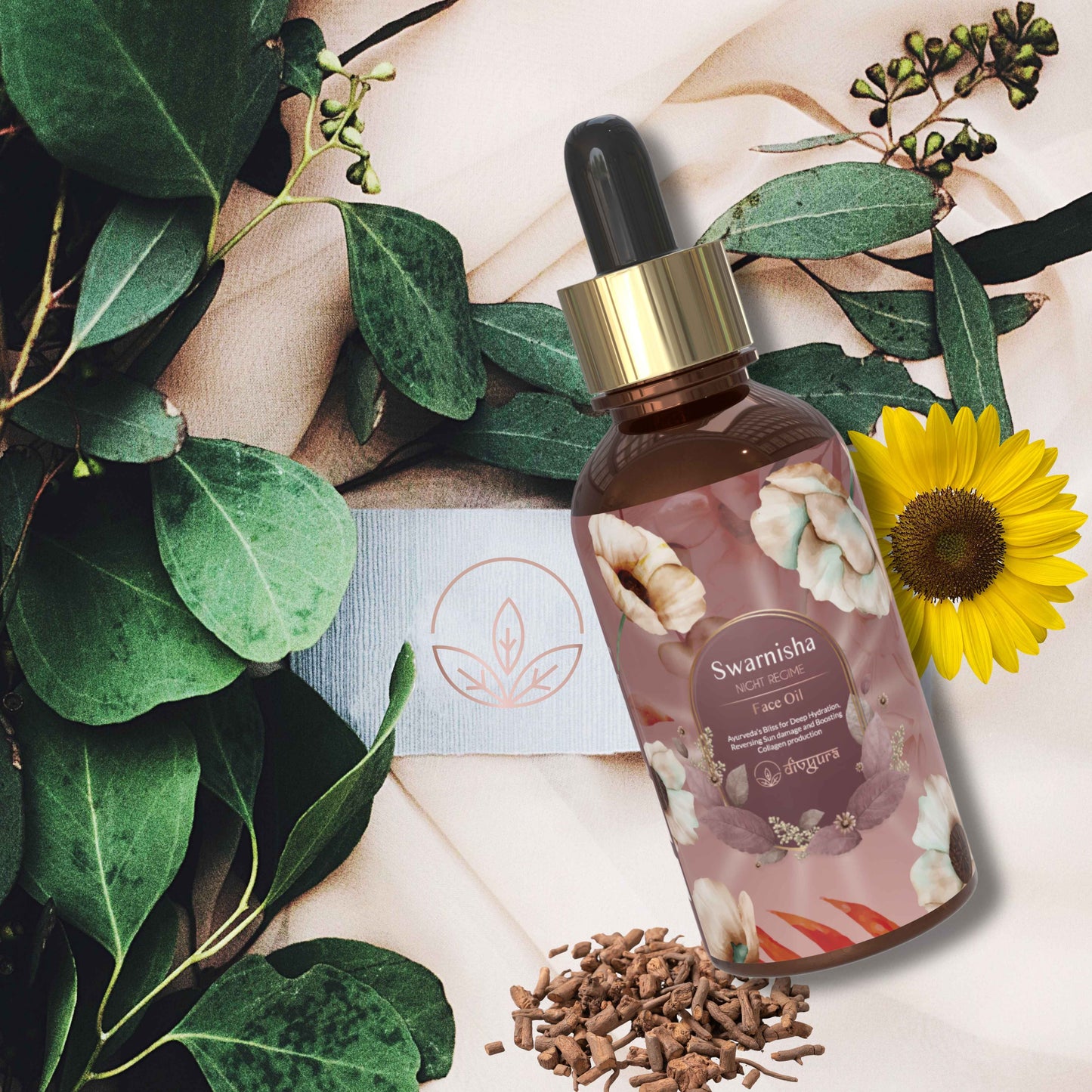 Swarnisha Night Regime face oil with some ingredients and logo