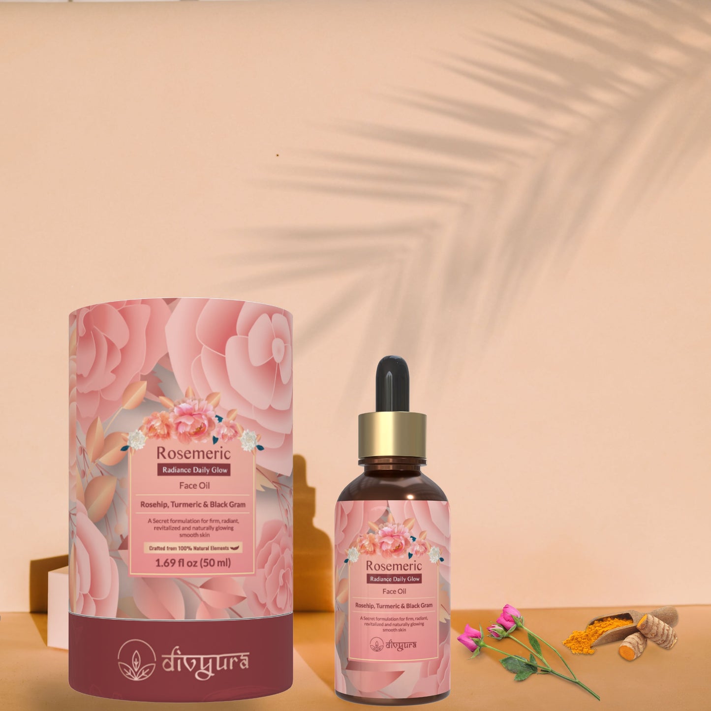 Rosemeric Face Oil bottle with it's packaging and some ingredients 