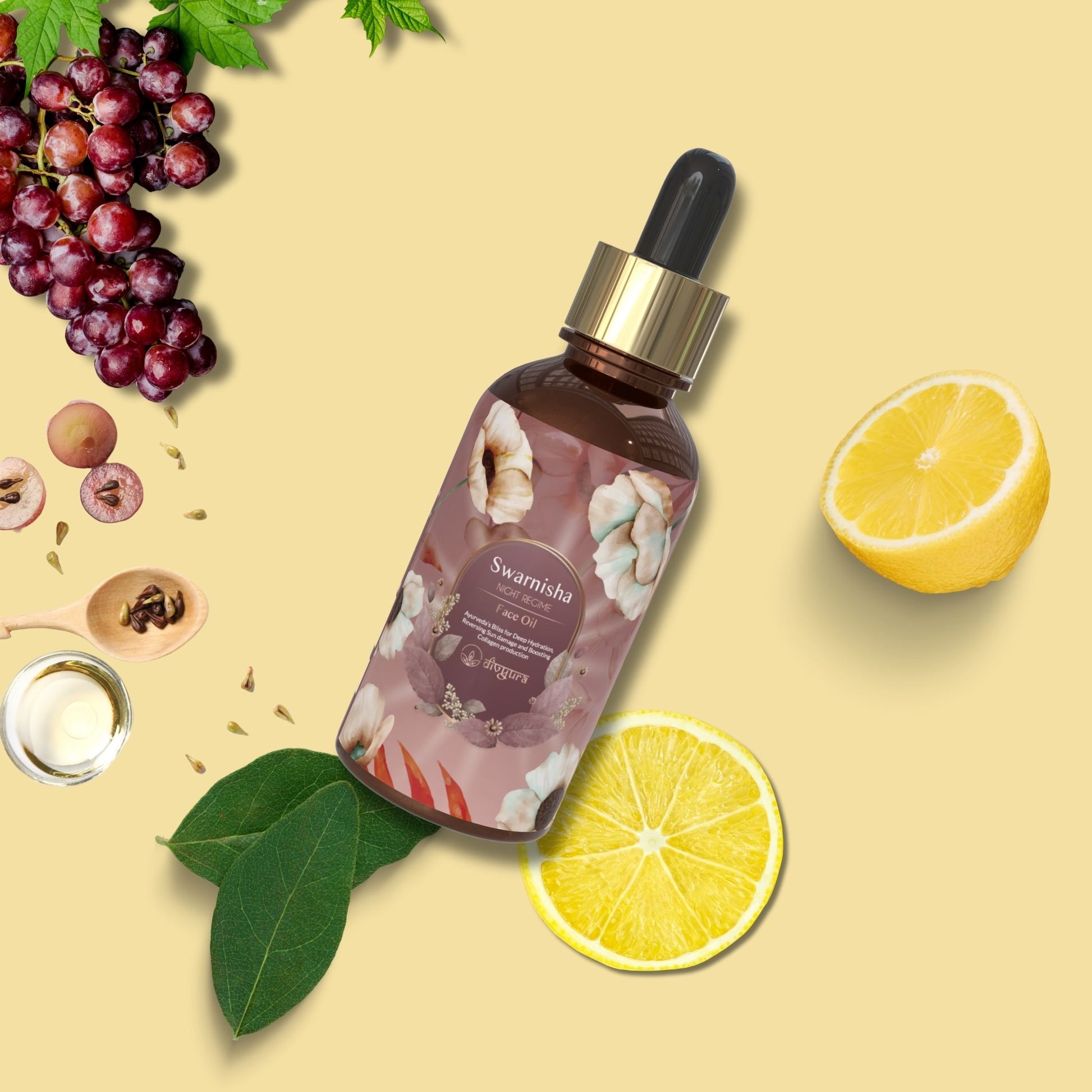 Swarnisha Night Regime Face Oil placed on a slab with some natural inngredients.